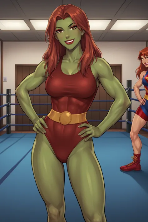 PonyXLV6_Scores BREAK (perfect anatomy, perfect eyes), BREAK mgann morzz, long hair, red hair, colored skin, green skin, freckles, brown eyes, makeup, dark red lipstick, ((looking at viewer)), superhero, red wrestling singlet, curvy, toned, athletic, stand...