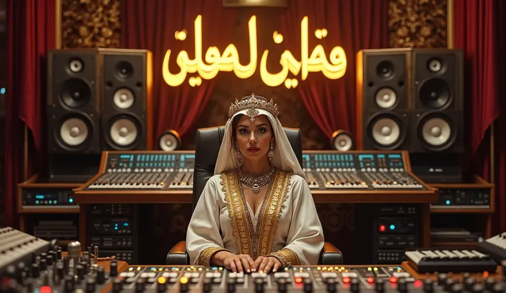 A luxurious recording studio with an Arabian theme, featuring intricate decorations and a warm, elegant atmosphere. At the center, a wealthy Arab woman dressed in opulent, traditional Arabian attire sits or stands confidently, using professional studio rec...