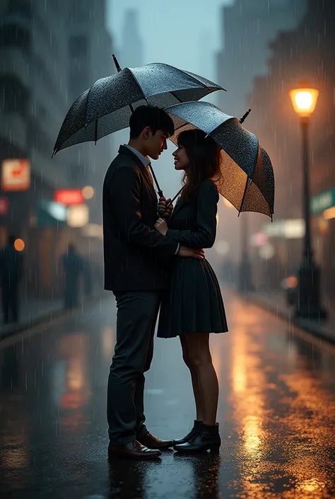 couple with umbrellas and a lot of rain