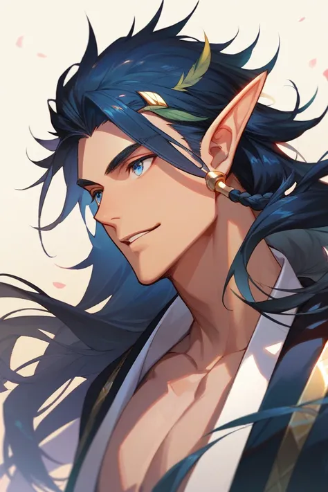 Elf, a handsome man in his late 20s, black hair, long hair, beaded hair ornament, a good young man