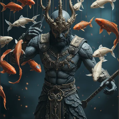 ((RAW Photo), absurd, (absurdresolution)), masterpiece, best quality, (Extremely detailed 8k unity CG wallpaper), (best illustration), (best shadow), Realistic lighting, beautiful detailed glow, Craft an image of a puppeteer king Aquaman  muscled handsome ...