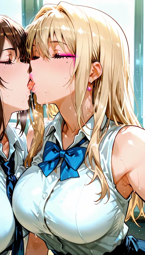 1 scene,  high quality, Super  high res,   high resのイラスト ,  masterpiece,  extremely detailed,  blonde hair,  high res,  Japanese,gyaru make,  pink eyeliner ,  pink lips,  earrings,(A beautiful girl has shiny lips and a teacher),  school uniform,, saliva, s...