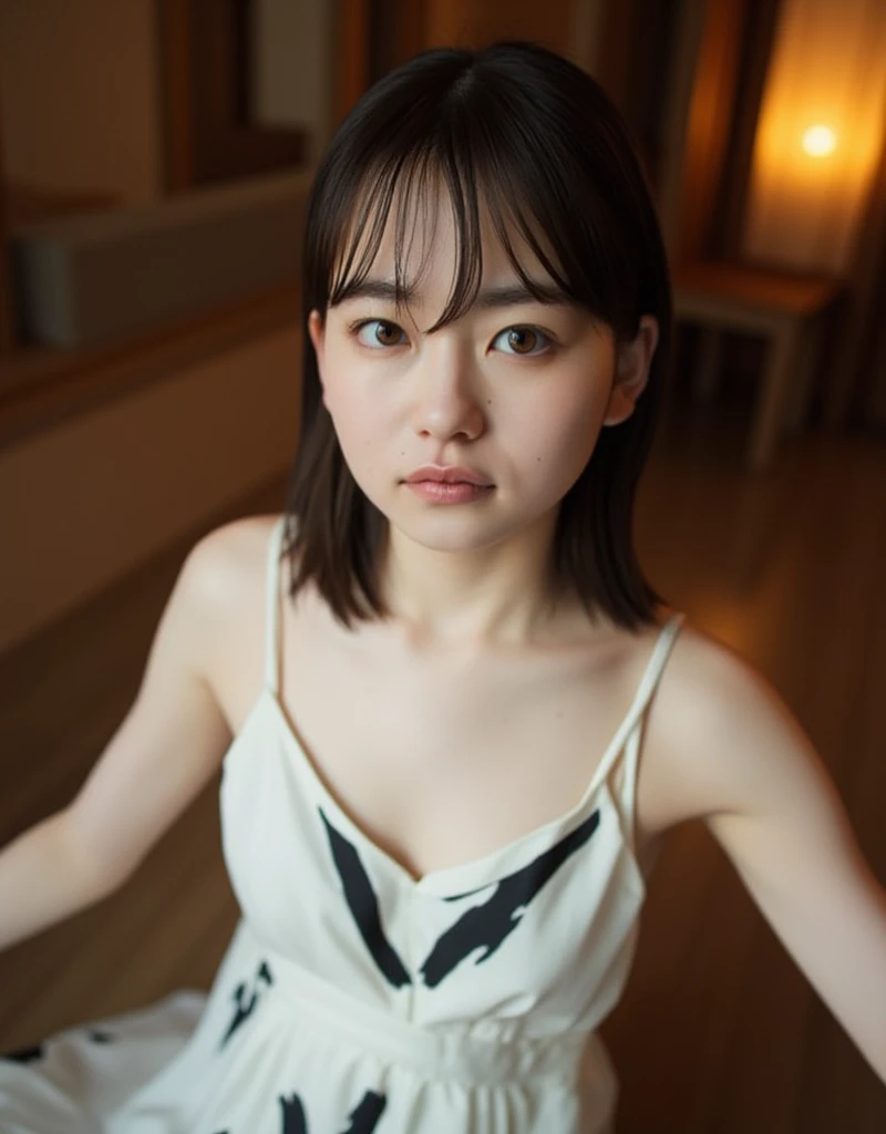 High-angle, The image is a photograph of a young Asian woman, with a fair complexion and semi-long, straight hair, and bangs. She has a delicate, oval face with soft features, including a small nose, full lips, and large, expressive eyes. Her skin is snow-...