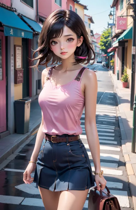 asian young woman, walking along, black and white checkered tile road, carrying bag, BREAK, (forehead, shoulder-length hair, wavy hair, black hair), BREAK, (light pink sleeveless t-shirt, dark denim bucket pencil mini skirt, brown belt, light-brown high he...