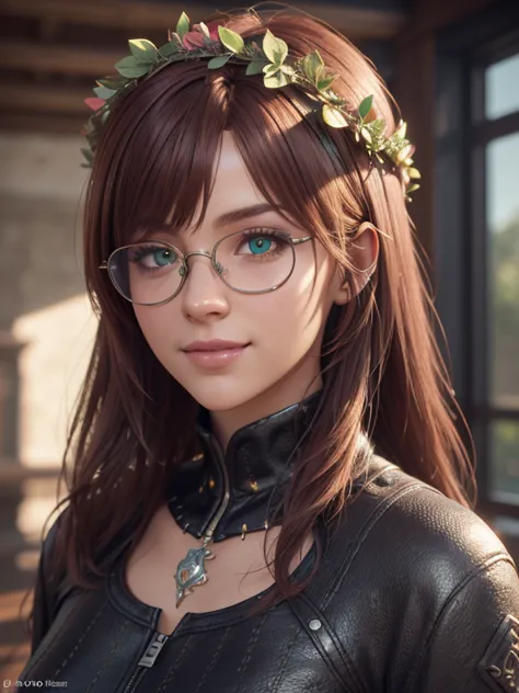  close-up,  upper body .  red hair,  head wreath,  green eyes,  diopter glasses with metal frames, green sarafan,  smiling girl . ( lots of colors:1.4). ( Masterpiece ,  top quality,  better quality,  official art ,  beautiful and aesthetic:1.2),  extremel...