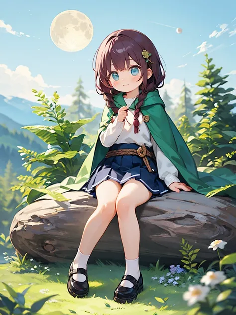  cute  wishing for happiness、delicate、 file、 kind smile、 maroon hair、Semi-long and slightly wavy、Pale Sky Blue Eyes 、 wheat skin、 freckles、 white blouse、 Light Blue Jumper Skirt 、Deep green cloak 、simple shoes 、Roll up your sleeves、rope on waist 、 small si...