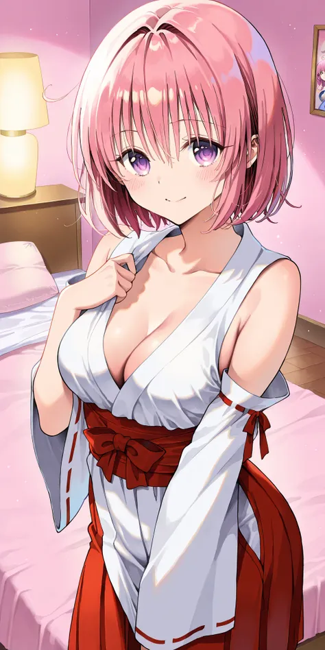 high resolution, best quality, amaging quality、super fine illustration,detailed skin,  Momo Belia Deviluke(To love ru)、pink short hair、Curve、real detailed skin、glamor slender body、medium breasts、(No_tail)、love Hotel、pink room，bed room、cowboy shot、in heat、h...