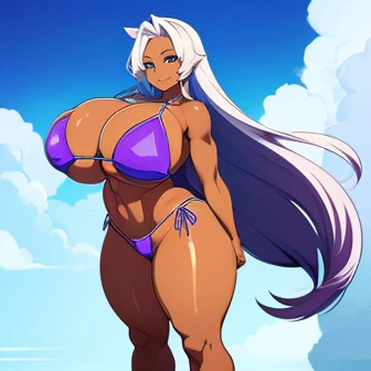 （      woman 1 person:1.1），     masterpiece，     top quality ，(          anatomically accurate    ,      accurate description     :1.2),   Adult female anime    ，（   Sky blue long hair ,  purple micro bikini with white rim,  brown skin:1.1), (     Super Bi...