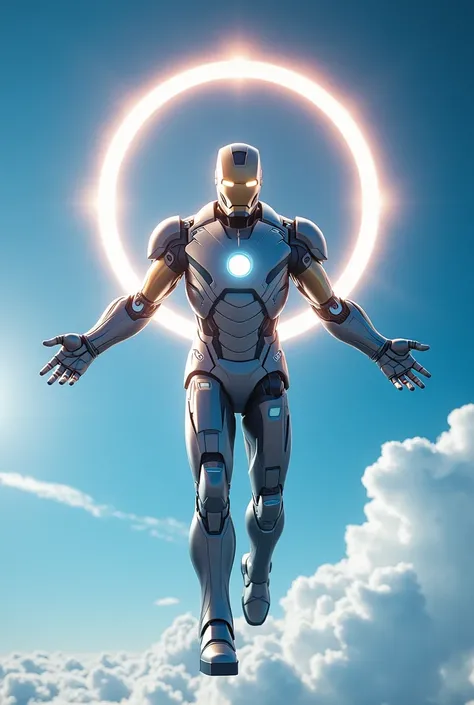 Create Iron Man with an aureole on his head flying with blue skies 