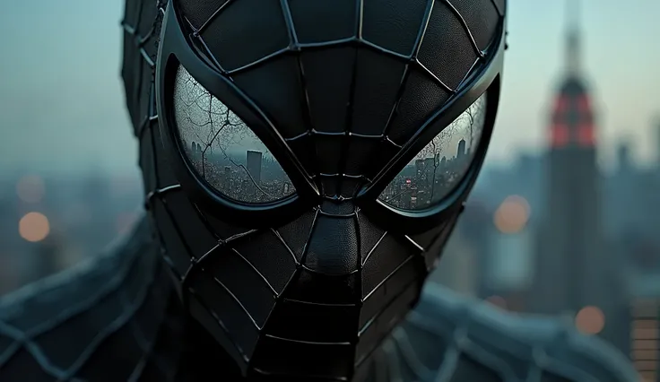  a noir Spider-Man mask with a cracked lens reflecting the New York skyline or a cryptic villain silhouette.