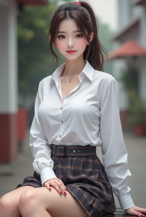  realistic high quality photo of Thai woman ,  beautiful girl ((( big breasts ,  big breasts , nsfw))) ,  top quality,  20 year old Thai girl,   is wearing a white shirt((( big breasts ,  big breasts , nsfw)),  and a plaid skirt、 the hem of the skirt is ra...