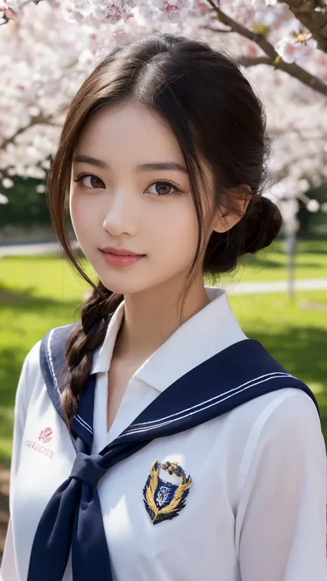  1 girl, (  surreal ), ( Extremely Precise Eyes,  dynamic picture with detailed depiction of hair ,   highly detailed faces,  Very Detailed Plump Lips ), (Sailor uniform,  school uniform), chest,  Modest Smile, ( top quality:1.4),  RAW Photo, (  surreal ),...