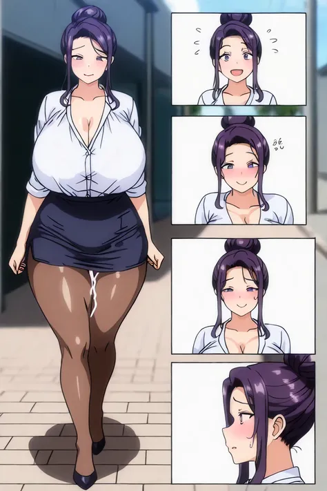 (1 girl, ) 1girl, Hyoudou Tomoe \(Hyoudou Tomoe\),Hyoudou Tomoe, alone, She is a mature teacher, 
big hair bun, very detailed purple hair, Purple eyes,  detailed eye comforter,  huge boobs,  speaking,  watching the spectator,  side view angle,  walking, ha...