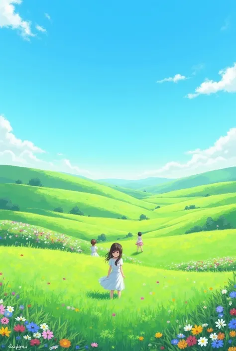 Style anime, grass land, some flowers, blue sky,