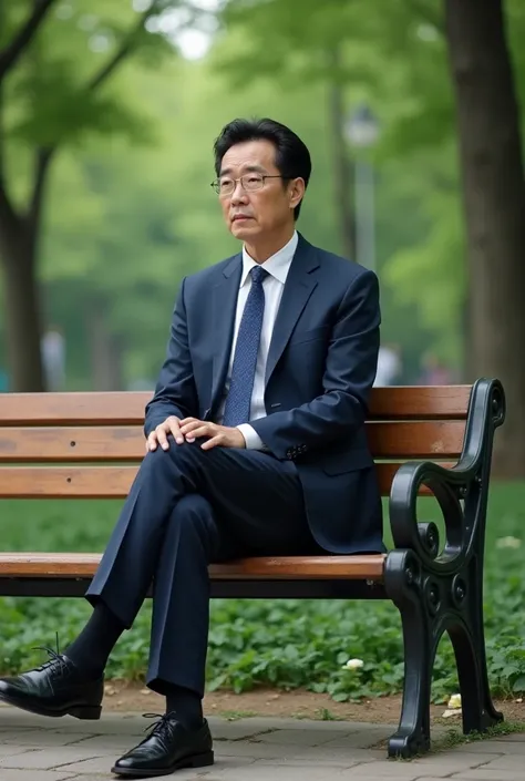 38 years old Japanese man wearing navy blue suit,white dress shirt,navy blue tie,black socks,and black oxford shoes.Sitting on a bench in a park with a neutral face expression.