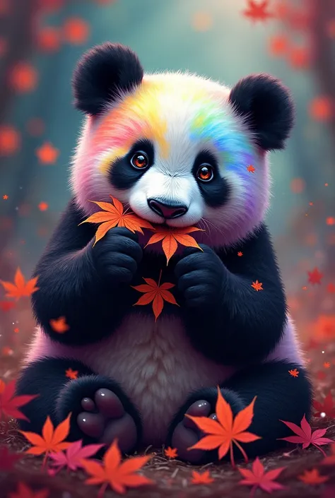 Panda of psychedelic color,eating maple leaves