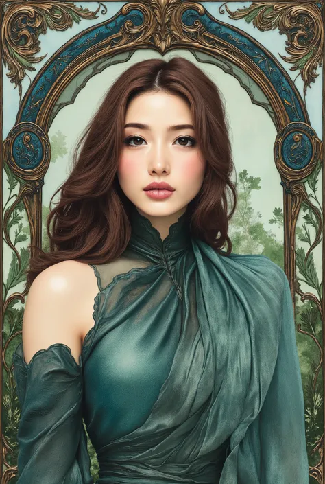 Create a Mucha style portrait of a girl。