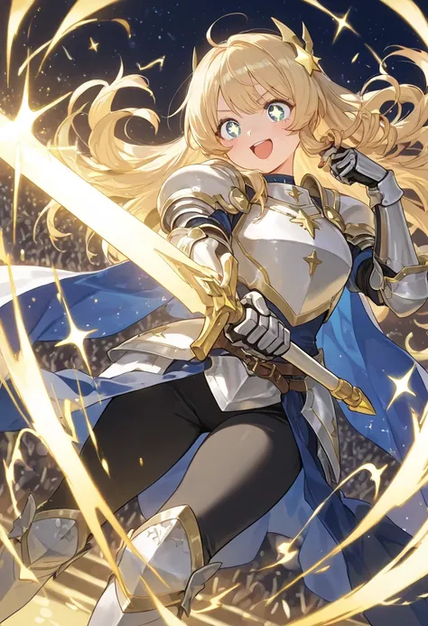 girl in armor , Hair swirling in strong winds  , Dynamic angle , excited expression  , Wield the sword in your hand to the audience.  , sparkling eyes , Star , Flash 