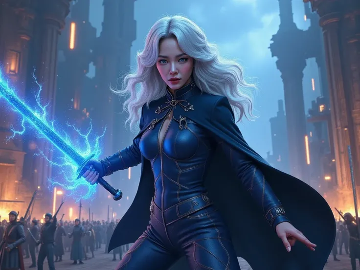 a woman with  wavy long silver hair and pale skin, wielding a flaming blue rapier in an epic pose, wearing a black cape, against an epic fantasy background, best quality,8k,masterpiece,ultra-detailed, dynamic action pose, dramatic lighting, cinematic, vibr...