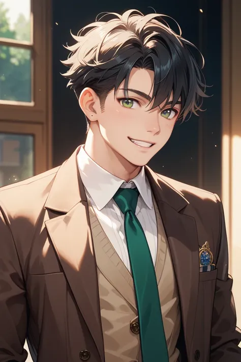 Black Haired Boy 　 Brown Blazer　 green tie 　smile