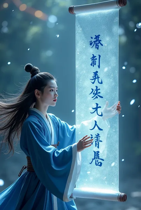 1boys,(((Solo)))，Young scholars of ancient China，(Hold the transparent illuminated scroll:1.5)，(Transparent glowing kanji hovering in midair:2)，（Transparent kanji background：1.5），Vertical text，glittery，Scholar in blue robes，Long flowing hair flutters in th...