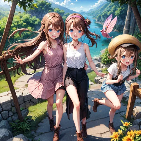  pink brown brown hair、  blue eyes、  Has hair tied  、Two cute people、  check mini skirt、  black t-shirt、 Light clothing、  tank top、  camisole、 high socks、 Boots、 teeth inside、  The Road Is Crooked 、Mountain々、Stick together  、 bamboo forest、 chest pocket  、...