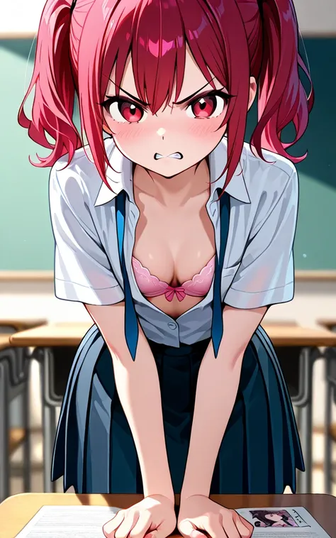  twin tails、 small breasts、 forward bending、 cleavage、 Gold、 pink bra、 school uniform、 slightly angry face