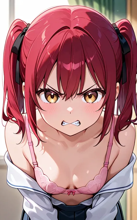  twin tails、 small breasts、 forward bending、 cleavage、 Gold、 pink bra、 school uniform、 slightly angry face