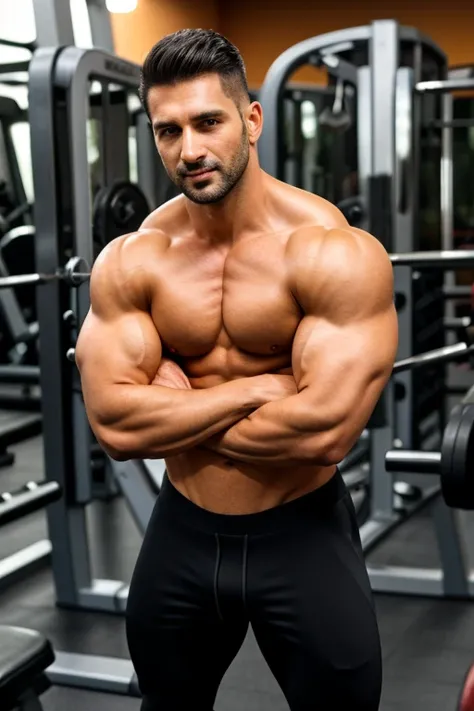 Emilio Acero 35 years old. Very handsome. Bulky biceps and triceps that denote strength. Thick and muscular neck, complemented by well-marked clavicles. Uniform tanned skin. Black hair with a strong chin. He wears tight black Pants that shows off his muscl...