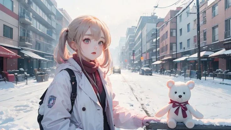 Carafe and white teddy bear in a white coat, cold as ice! 🧊, Twin tails white_ gloves, Ulzzang, In the snow, cold,  Larisa Manobal , Blackpink's Larisa Manovan , cold but beautiful,  Dirraba Dilmurat, cold snowy, Very cute feature, 肌cold, In the snow, cold...