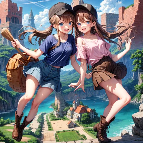  pink brown brown hair、  blue eyes、  Has hair tied  、Two cute people、  check mini skirt、  black t-shirt、 Light clothing、  tank top、  camisole、 high socks、 Boots、 teeth inside、  The Road Is Crooked 、Mountain々、Stick together  、 chest pocket  、rock salt、   ha...