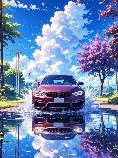 A dark maroon BMW m4 car is depicted in motion on a wet road. The car is positioned in the foreground, driving along a two-lane road with a line of trees and a bright sky filled with fluffy white clouds. The car is driving directly towards the viewer, with...