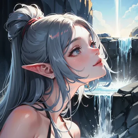 Night scene, close-up photo of Galadriel, small breasts, bathing near the waterfall, body soaked in water, lean cheeks, (sharp ears:1.2), wet hair, chin up, seductive face, no bra, stones, pure water, cleavage show, water on the body, realistic pores on th...