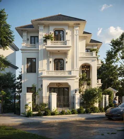 exterior of indochine villa, streetcapes, clear sky, few cloud, interior warm lighting, morning sunlight,minimalist landscaping, featuring lush greenery, textured walls, and natural materials. The villa is set under a blue sky with scattered clouds, casti...