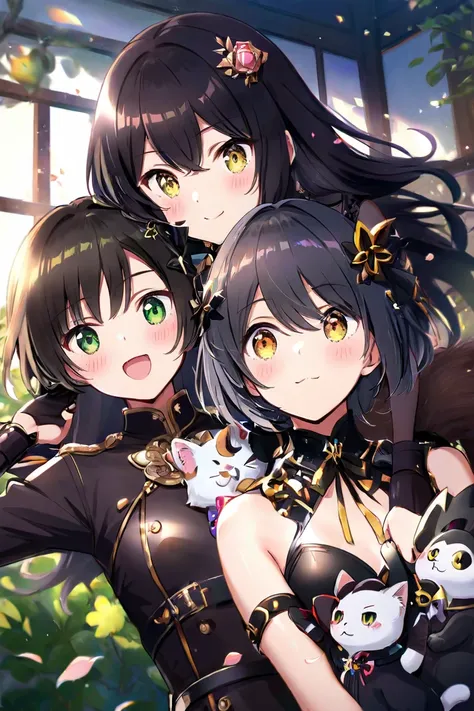  girl１people（ black hair、 green eyes、 small tits、 long hair、Rin々Shii）、cat１Animals（四足歩行のcat、Shiny black short hair、Golden Eyes） girlがcatの頭をなでる