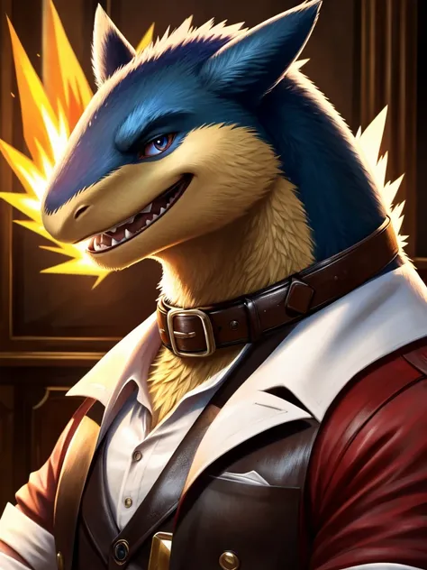 Solo, Male, close up, fat, musclegut, obese, steampunk, gentleman, dapper Typhlosion, blue eyes, wearing a big leather collar around his neck, (soft shading), 4k, hi res, ((detailed face, detailed)), looking at viewer, evil grin, collared shirt with button...