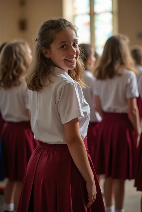 Group of 10yearold girls standing in church wearing catholic school uniforms, smiling and looking back at camera. Nikon D3300. Rear of skirt torn up with large gaping holes exposing bum cheeks 