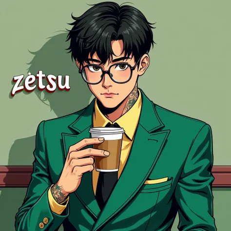 Generate an image of a handsome korean boy wearing a emerald casual suit with necktie and Tattoo , holding a cup of coffree ,eyeglasses facing front, name zetsu is written on wall . .In the style of Fluorescent color painting,