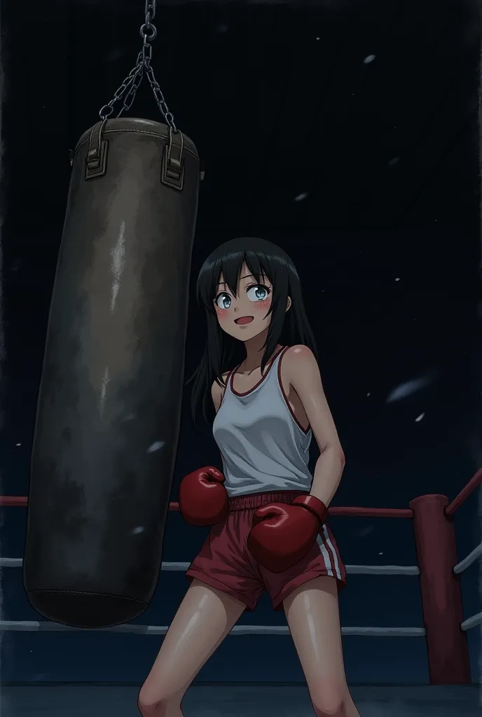 Japanese 2D animation. Watercolor. Boxing gym at night. Pitch black background. A large, authentic punching bag is hanging from the ceiling, and a pale-faced female boxer is about to emerge, eyes wide open and smiling eerily. Horror. Dynamic.