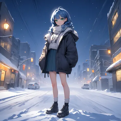   rolled up  , ultra high resolution , 1 girl,Alone, full body,Snow,City,,  Blue Hair,  green eyes,JK,,