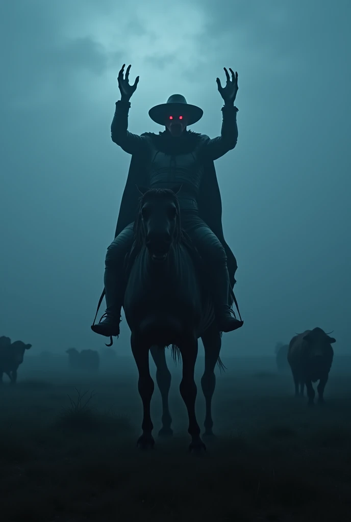 An isolated farmhouse in the dead of night, surrounded by a thick, suffocating fog. Captured in ultra-realistic 8K with classic horror cinematography, the scene shows a Black Rider towering in the field, mounted on a skeletal horse. His hands are raised hi...