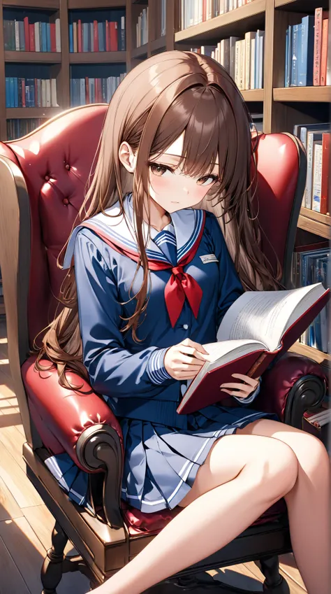 A 18-year-old girl with long brown hair 、Reading a book in the library。
background：A quiet corner of the library.
expression：Calm and intelligent expression.
Costume：high school uniform.
Pause：Sitting on a chair、Turning the pages.
scene：Concentrate on her ...