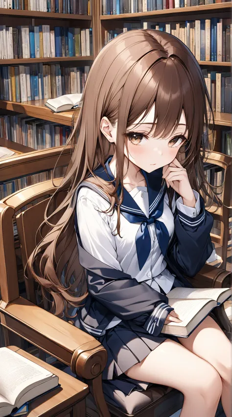 A 18-year-old girl with long brown hair 、Reading a book in the library。
background：A quiet corner of the library.
expression：Calm and intelligent expression.
Costume：high school uniform.
Pause：Sitting on a chair、Turning the pages.
scene：Concentrate on her ...