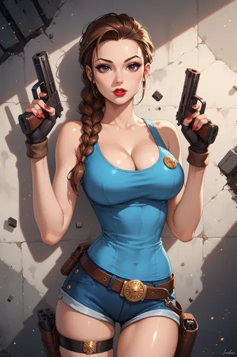 (date:20250212, By:Joulios) masterpiece, best quality, very aesthetic, absurdres, BREAK, 1girl, looking at viewer,  cowboy shot,
lara_classic, brown eyes, brown hair, braided ponytail, long braid, blue tank top, short shorts, fingerless gloves, black glove...