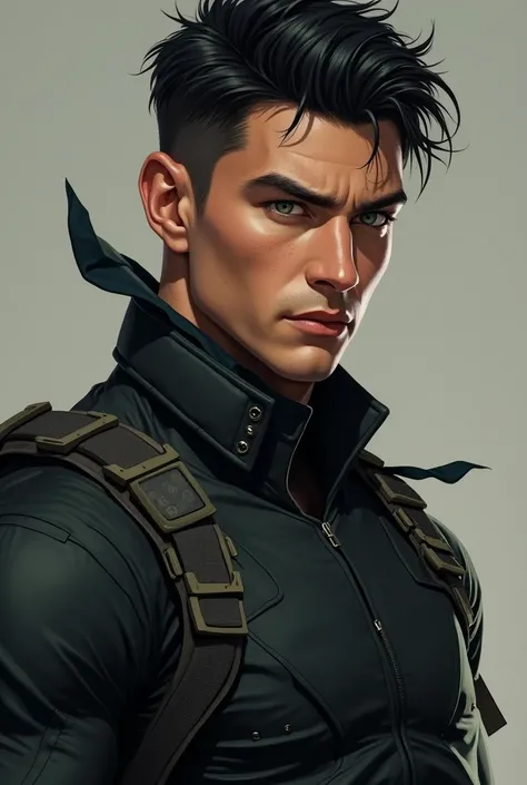 You give me the image of a handsome 20-year-old man with green eyes and black hair, SHORT RIBBON , It is strong with toasted skin. He wears a black combat suit