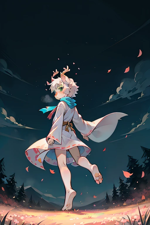 A white deer，grassland，Peach Blossom Tree， falling petals，Falling leaves，Shota，cute， with your back to the audience， A maple leaf falls on his hand，Extend your hands，Look back， long white robe，Turquoise scarf ， flowing scarf ， flowing robe ，Brightly， hazy ...