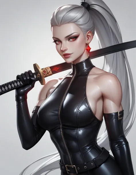 female black sleeveless latex bodysuit, black belt, racerback, bare shoulders, long gloves, black gloves, toned arms, beautiful faces, white ponytail with showing forehead, long ponytail, earrings, soft smooth skin, pale skin, grey background, ren eyes, sc...