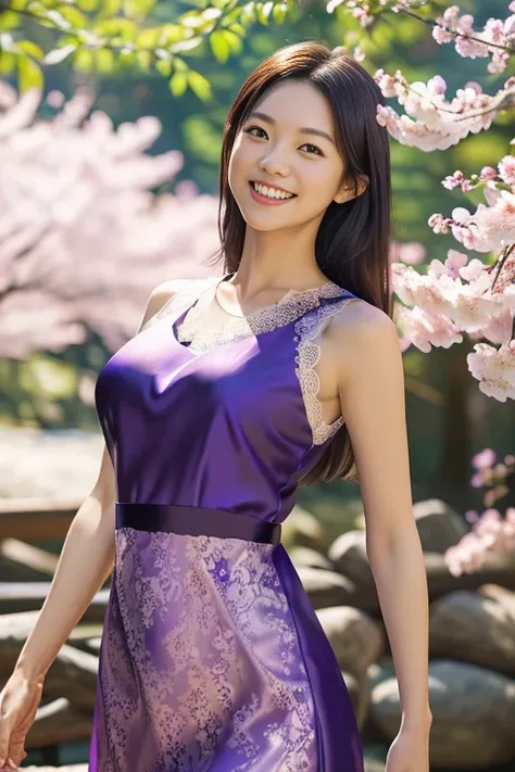 (8k, RAW photo, photorealistic, HQ, masterpiece), a cute Japanese woman, (glowing eyes), (from below:1.2), 
(shy smile), brown hair, (Violet color dress, sleeveless long dress, elegant lace silk fabric dress:1.2), large breasts, (in A vast forest filled wi...