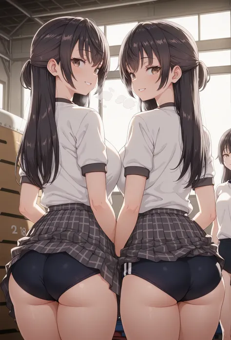 masterpiece, best quality, amazing quality, 2 girls side by side, , school gym uniform,white shirts,plain skirts, ((buruma)),(buruma in gray plaid skirts),the 2 girls are lifting up their skirts themselves, 18 years old, thick thighs,  sleeveless, (buruma:...