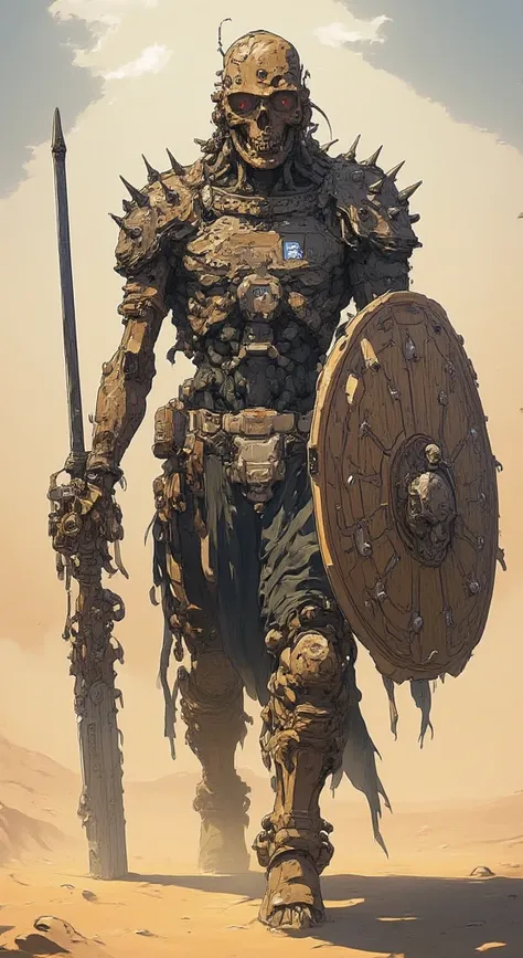 "A sinister skeletal warrior in a desert landscape, wearing dark, worn-out armor made of rusted metal and aged leather. Its skull has an aggressive expression with sharp teeth and a menacing jaw. In its right hand, it holds a corroded metal sword with a ja...